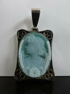 RARE ANTIQUE FAB LARGE BLUE AGATE CAMEO 925 STERLING SILVER PENDANT - Picture 1 of 7