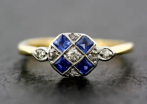 Art Deco Lab-Created Diamond & Sapphire Engagement Ring 14K Yellow Gold FN - Picture 1 of 10