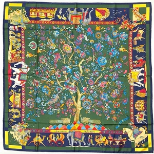 HERMES Scarf Carre 90 Fantaisies Indiennes Green Cleaned Vintage - Picture 1 of 15