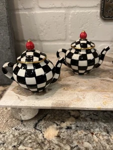 MacKenzie Childs Courtly Check Teapot Salt & Pepper Shakers Set New See Details - Picture 1 of 5