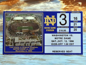 Boleto de fútbol americano Notre Dame Fighting Irish 1996 Huskies Washington. NCAA. - Imagen 1 de 3