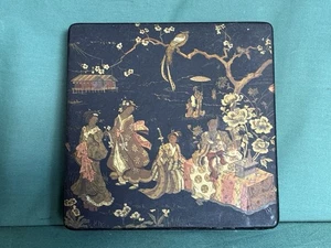 Vintage 1930s Japanese Lacquered Box, Black Lacquer Wooden Box 7”1/2 X 7”1/2 - Picture 1 of 9