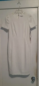 Calvin Klein White Sheath Dress, Short Sleeve Round Neck, Knee Length Sz. 6- NWT - Picture 1 of 7