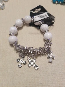NEW CROSS BRACELET, WHITE MARBLE BEAD & SILVER TONE BRACELET NWT  - Picture 1 of 4