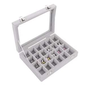 24 Section Velvet Glass Jewelry Ring Display Organiser Box Tray Holder Earrings - Picture 1 of 7