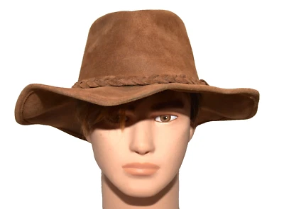 Minnetonka 西部牛仔棕色麂皮绒编织帽带有线边帽 L 码美国 — 第 1/4 张图片