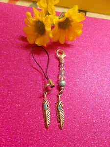 LOVELY CLIP ON CHARM - BLUE DOT FEATHER - CRYSTAL BEADS - AND A LANYARD # AB 103 - Picture 1 of 15