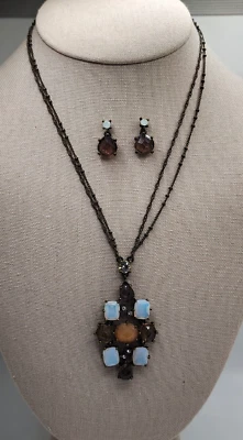 BOHO Necklace & Pierced Earrings Glass Stones Amber Opal Rhinestone Bronze Chain - Image 1 of 4
