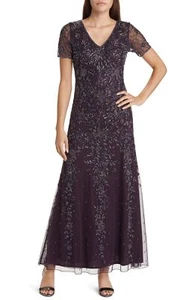 Pisarro Nights Beaded Chiffon Gown Sz 12 Wine $268 - Picture 1 of 2