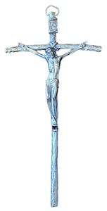 Big Shiny Silver Metal INRI Jesus Papal Crucifix Cross Wall Hanging Italy 8"X4". - Picture 1 of 22