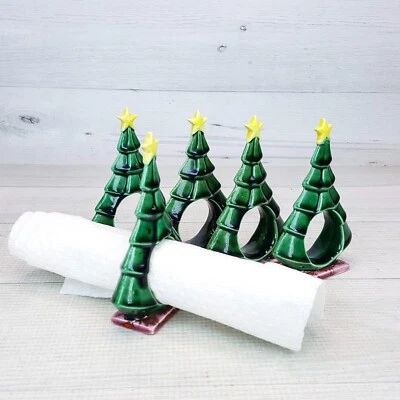 Árbol de Navidad verde vintage de cerámica de los años 70 de 4" con juego de estrellas 5 piezas servilleteros anillos Foto 1 de 4