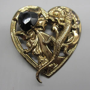 "Broche Corazón Vintage Estrás Negro Salamandra Lagarto Trabajo Abierto Tono Dorado 2" - Imagen 1 de 7