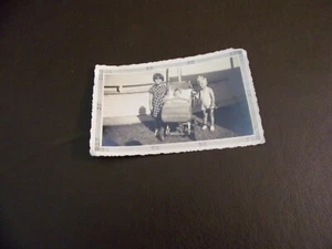 Vintage Black & White Photograph Two Children With Baby In Stroller - Picture 1 of 5