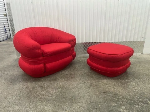 1970'S SUMPTUOUS RED DUPIONI SILK DESIGNER CLUB CHAIR AND OTTOMAN Cover