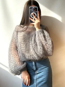 Strick Mohair Pullover, Mohair Pullover, Oversize Strickpullover, grau Pulli - Bild 1 von 6