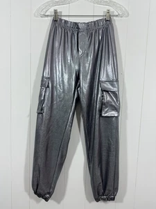 Zara Girls Sz 10 Metallic Silver Faux Leather Cargo Jogger Pants Elastic Waist - Picture 1 of 10