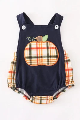 PUMPKIN Applique bubble Navy Orange plaid Boy's PUMPKIN PATCH PERFECT 12/18mo 18 - Image 1 of 4