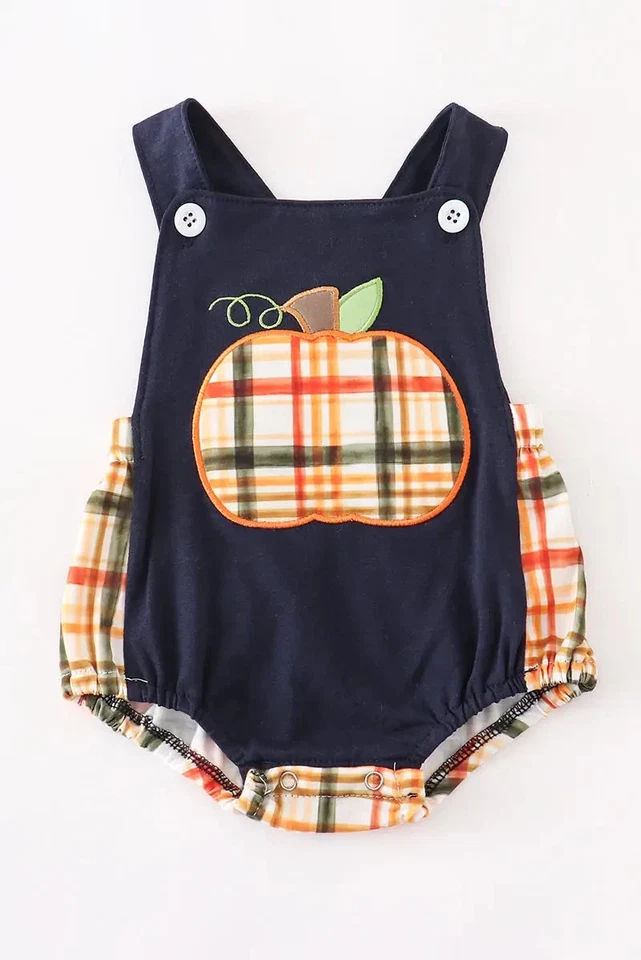 PUMPKIN Applique bubble Navy Orange plaid Boy's PUMPKIN PATCH PERFECT 9/12mo 12m - Image 1 of 4