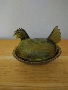 Vintage Indiana Glass Olive Green Nesting Hen Chicken Candy Dish 1970s - Picture 1 of 11