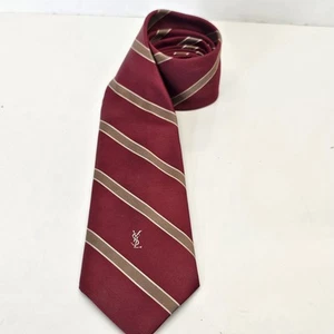Yves St Laurent Designer Mens Necktie 3x54 Maroon Tan Stripe Monogram Tie - Picture 1 of 8