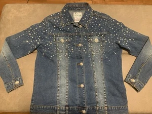 Womens Quaker Factory Beaded Pearl Rhinestone Denim Stretch Jacket Med. -P2P 22” - Picture 1 of 9