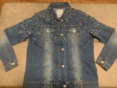 Womens Quaker Factory Beaded Pearl Rhinestone Denim Stretch Jacket Med. -P2P 22” - Image 1 of 4