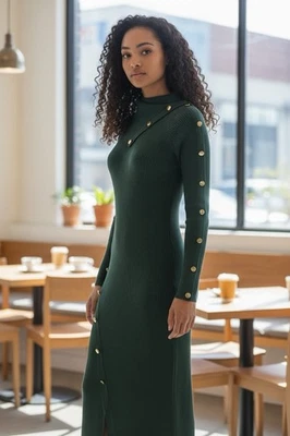 KAREN MILLEN SZ SM Hunter Green Rib Knit Midi Pull On WORN ONCE  EXC! Dress - Image 1 of 4