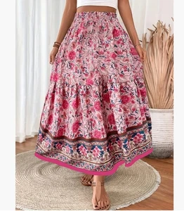 Boho Floral Elastic Waist Ladies Ruffle Maxi Skirt Women Long Swing A-Line Dress - Picture 1 of 6