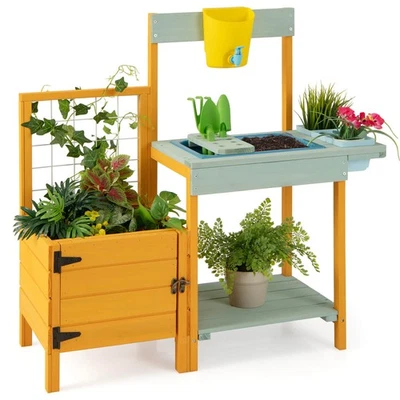 Wooden Potting Bench for Kids with See-Through Window Planter Box Garden Trellis Foto 1 de 4