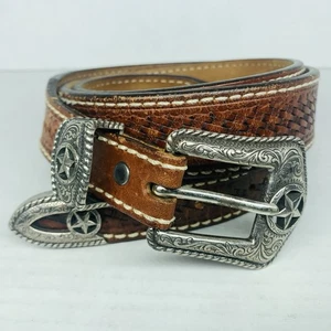 Justin Lone Star Western Leather Belt Mens Size 42 Brown C10098 Basketweave NICE - Picture 1 of 24