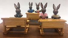 Erzgebirge Germany 5 wooden mini rabbits at 3 desks Veb Holz Waren Gahlenz 1950s