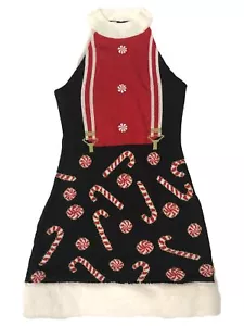 Womens (Jrs) Black Christmas Candy Cane Ugly Holiday Sweater Dress - Picture 1 of 3