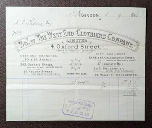 1896 The West End Clothiers Co. Oxford Street London Receipt - Picture 1 of 1