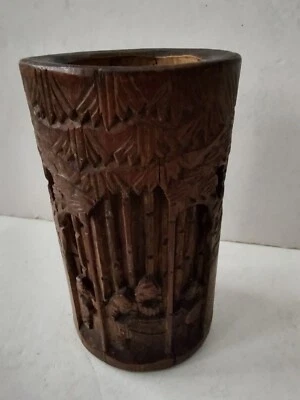 Antique Chinese Carved Bamboo Wood Brush Pot - Image 1 of 4