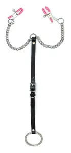 Pink Nipple Clamps 1 1/2" Ring Leather Steel Chain Clip Fetish Gear Dancer - Picture 1 of 1