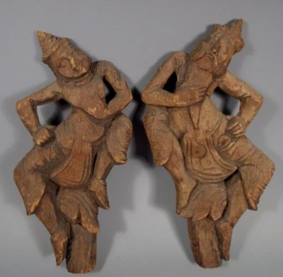 Pair Burma Burmese Mandalay Carved Wood Dancing Figures ca. 18-19th Century - Image 1 of 4