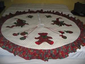 Vintage Christmas Tree Skirt 52" Country Teddy Bears Bows Ribbons Ruffle Quilted - Picture 1 of 11