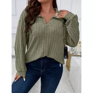 Women's Plus Size Women Casual Long Sleeve Lapel Solid ColorTop T-shirt - Picture 1 of 7