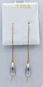 GENUINE GREY PEARL DANGLING EARRINGS 14K solid YELLOW GOLD *Free Shipping - Picture 1 of 5