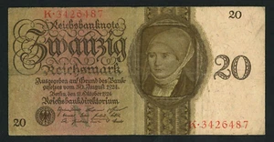 🔴GERMANY  20 Reichsmark  30.8. 1924  VF   P-176  VERY RARE🔴 - Picture 1 of 3