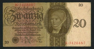 🔴GERMANY  20 Reichsmark  30.8. 1924  VF   P-176  VERY RARE🔴 - Image 1 of 3