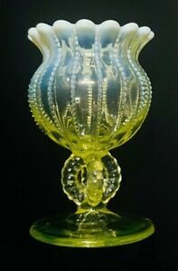 Antique Northwood Opalescent Vaseline Beaded Panels Stemmed Rose Bowl Vase