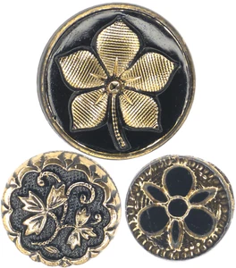 LOTE DE 3 botones vintage de flores con brillo dorado de vidrio negro de los años 1900-40 .5-.75 - Imagen 1 de 8
