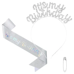 It's My Birthday Sash & Headband Set Silver - Hairband Accessory for Women Ce... - Picture 1 of 7