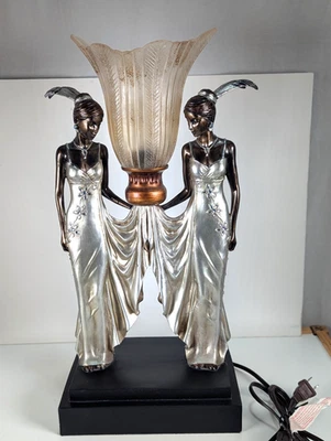 Toscano Art Deco Style Peacock Twin Maiden Table Lamp Beautiful Ladies Torchier - Image 1 of 4