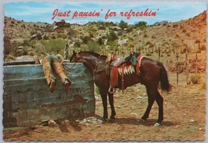 "Just pausin' fer refreshin'", postal cromada humor vaquero c1975, - Imagen 1 de 2