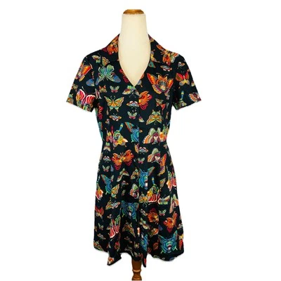 Dangerfield Black Moth Dress Size 10 Collared A-Line Pockets V-Neck 100% Cotton - image 1 of 4