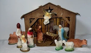 Juego de 11 estatuillas establo belén pintado a mano vintage de tiza MCM - Imagen 1 de 10