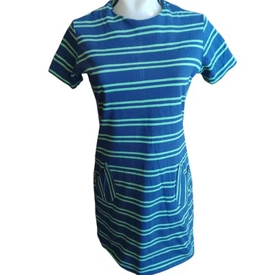 Vintage Shirt Dress 60's Medium Blue Green Striped Pockets Back Zipper Sock Hop - Image 1 of 4
