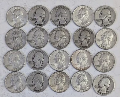 (LOT OF 20) WASHINGTON SILVER QUARTERS RANDOM DATES 1935-1964 PDS MINTS - Image 1 of 2